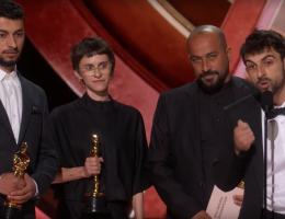 Yuval Abraham gives his acceptance speech after winning the Documentary Feature Film award for "No Other Land" during the 97th Annual Oscars as Basel Adra looks on, on March 2, 2025. (Image: Screenshot)